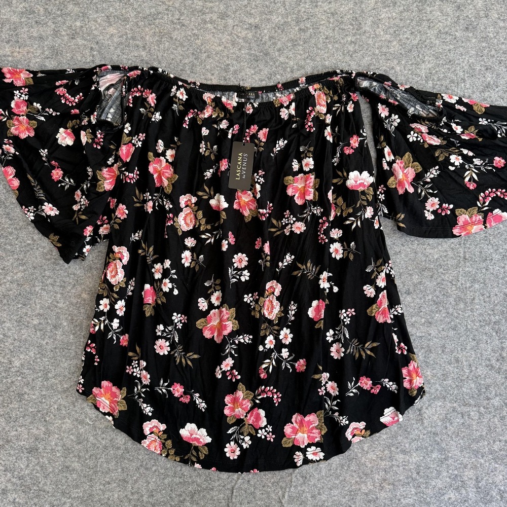 Cottage core Blouse Womens 1X Black Floral Off Shoulder Bell Sleeve Tunic